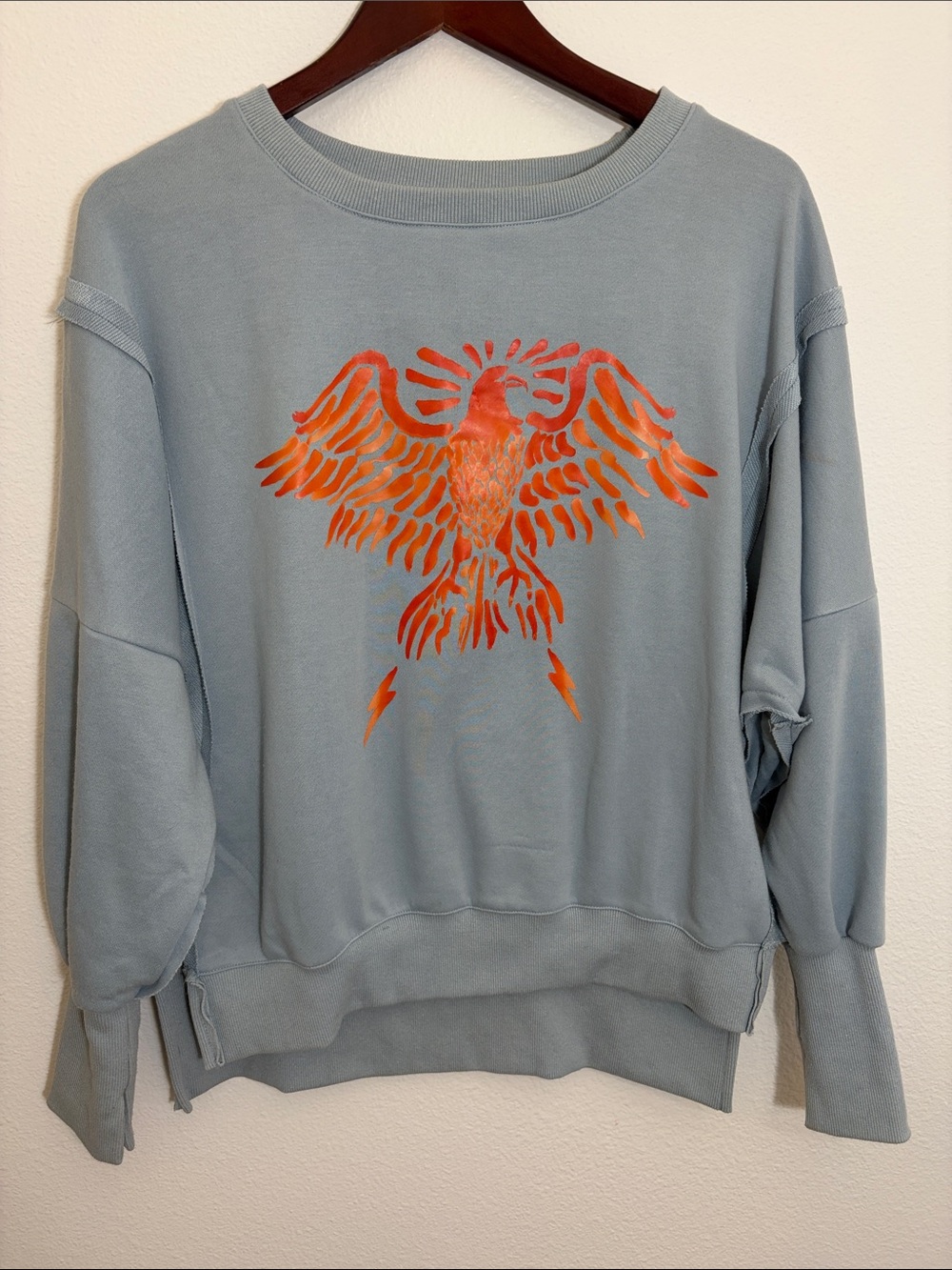 Light Blue Graphic Pullover Sweatshirt with Orange Eagle